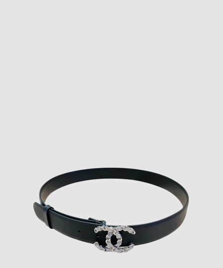 [CHANEL-샤넬] 큐빅 CC로고 레더 벨트 블랙