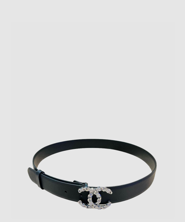 [CHANEL-샤넬] 큐빅 CC로고 레더 벨트 블랙